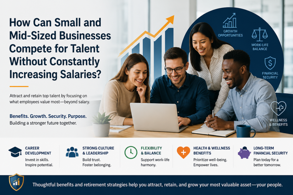 Professional employees reviewing retirement benefits and financial planning options in a modern Canadian workplace discussing group retirement plans and employee financial wellness.