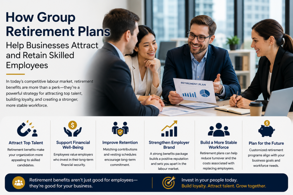 Business professionals discussing group retirement plans and employee retention strategies in a modern workplace, highlighting how retirement benefits can attract skilled employees, improve financial wellness, and support long-term workforce stability.