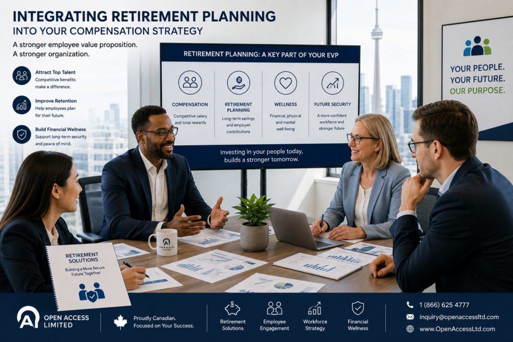 Professional HR and business leadership team discussing employee retirement planning and compensation strategies in a modern corporate office in Canada.