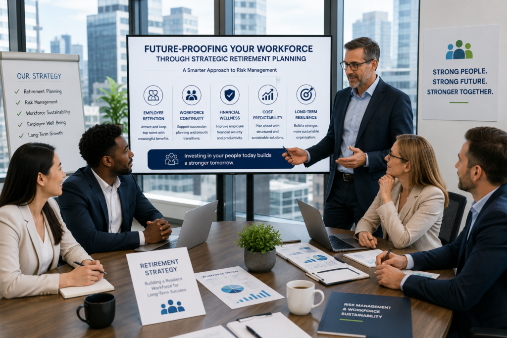 Professional business leadership team discussing workforce sustainability, retirement planning, and long-term risk management strategies in a modern corporate office in Canada.
