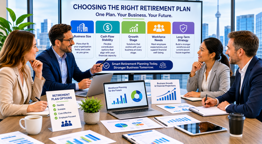 Professional business leadership team reviewing retirement plan options, workforce planning strategies, and financial growth projections in a modern Canadian corporate office