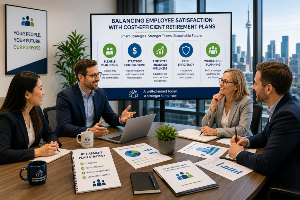 Professional business leadership team discussing cost-efficient retirement plans, employee financial wellness strategies, and workforce planning in a modern Canadian corporate office