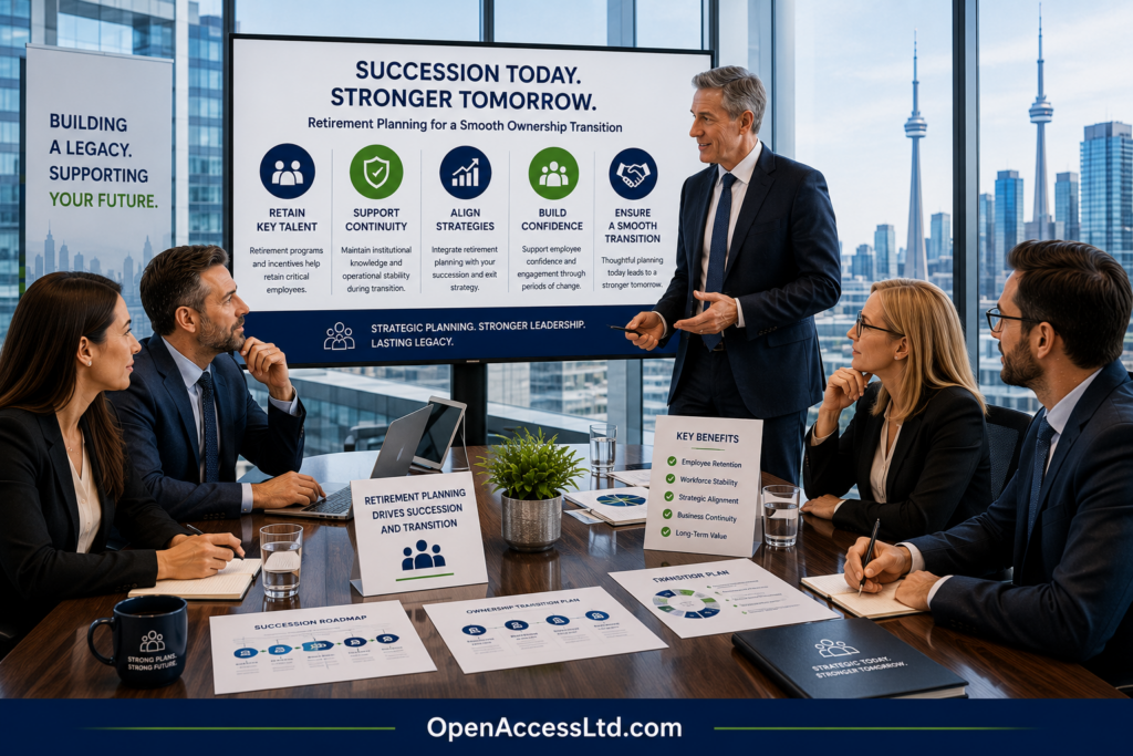 Professional business owner and executive leadership team reviewing succession planning strategies, retirement programs, and ownership transition plans in a modern Canadian corporate boardroom.