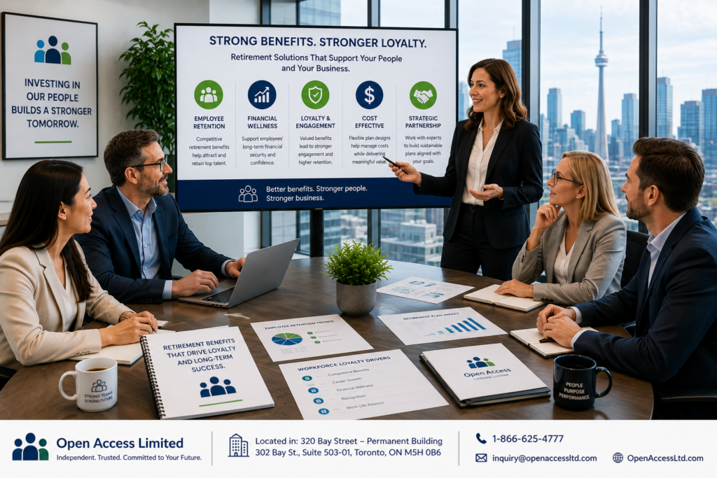 Professional HR leaders and business executives discussing employee retention strategies, retirement benefits, and workforce loyalty programs in a modern Canadian corporate office.