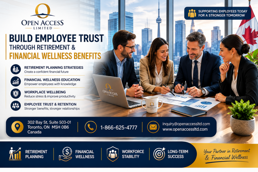 Professional HR leaders and business executives discussing employee financial wellness, retirement planning strategies, workplace wellbeing, and long-term workforce stability in a modern Canadian corporate office