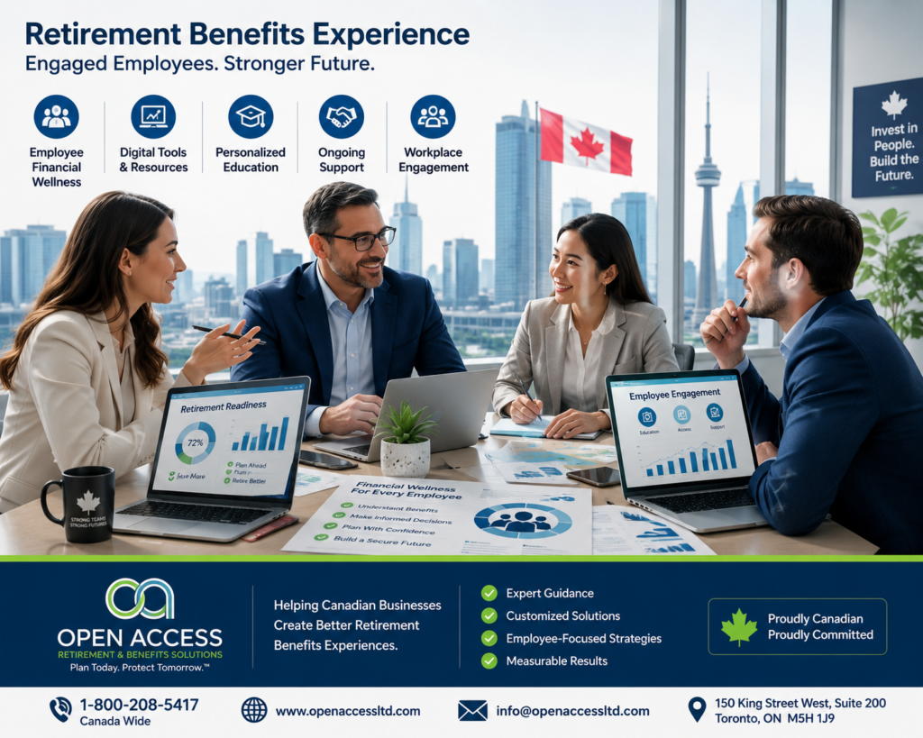 Canadian HR professionals discussing retirement benefits experience, employee financial wellness, digital tools, and workplace engagement strategies in a modern Canadian corporate office