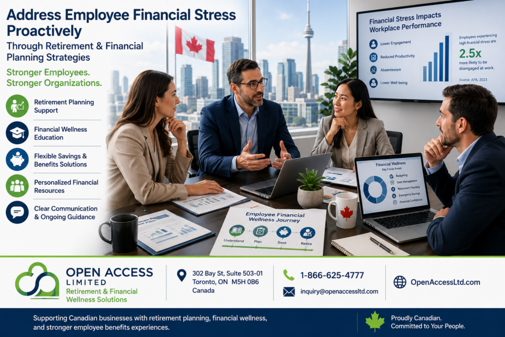 Canadian business leaders discussing employee financial stress, retirement planning strategies, and financial wellness solutions in a modern workplace.