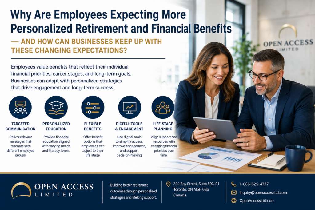 Canadian HR professionals discussing personalized retirement benefits, employee financial wellness, flexible planning options, digital tools, and workforce engagement strategies in a modern corporate office.
