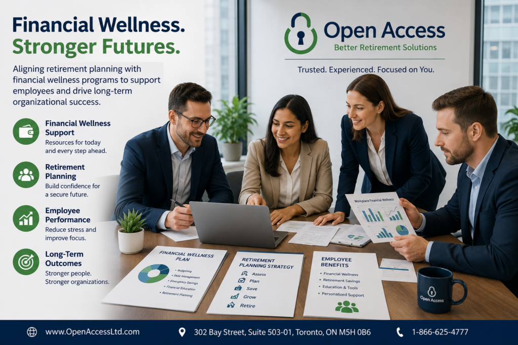 Professional team reviewing financial wellness programs and retirement planning strategies with Open Access Limited