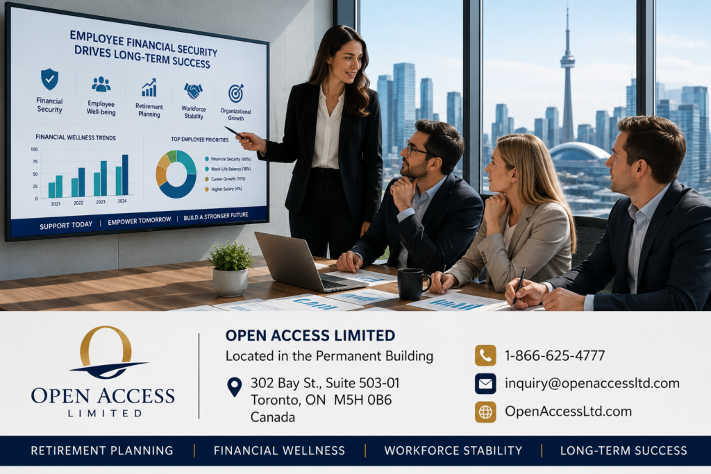 Professional HR leaders and business executives discussing employee financial security, retirement benefits, and workplace wellness strategies in a modern Canadian corporate office.