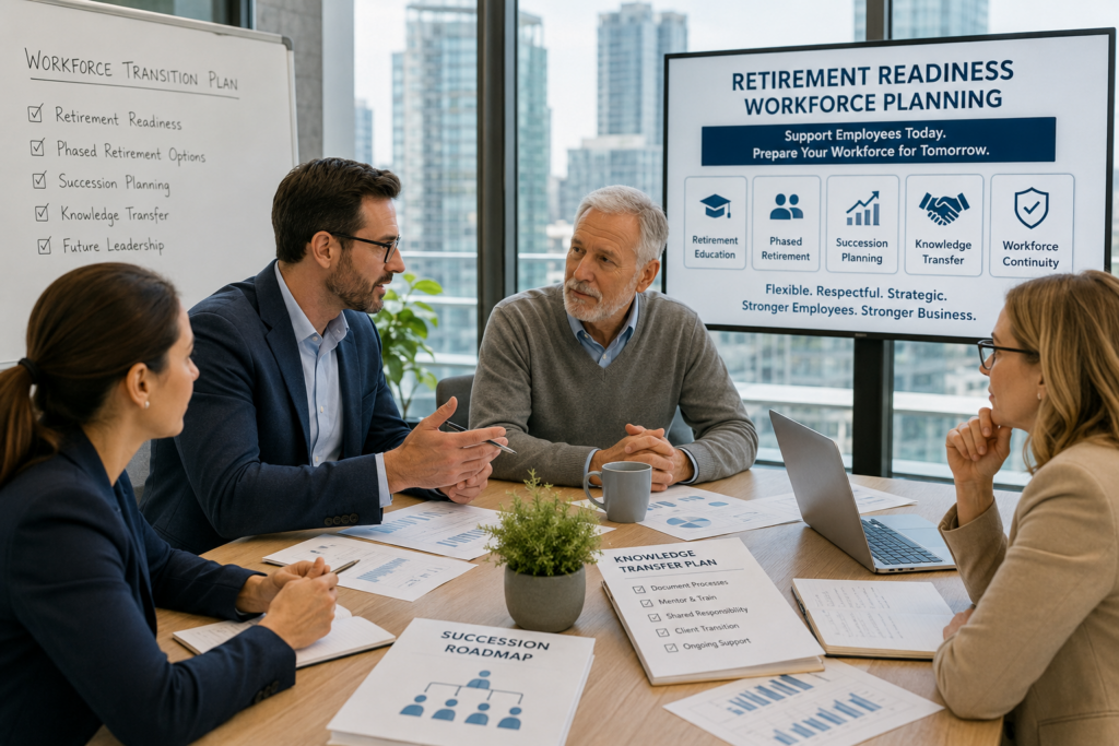 Retirement readiness workforce planning meeting with Canadian HR leaders discussing phased retirement, succession planning, and workforce continuity.