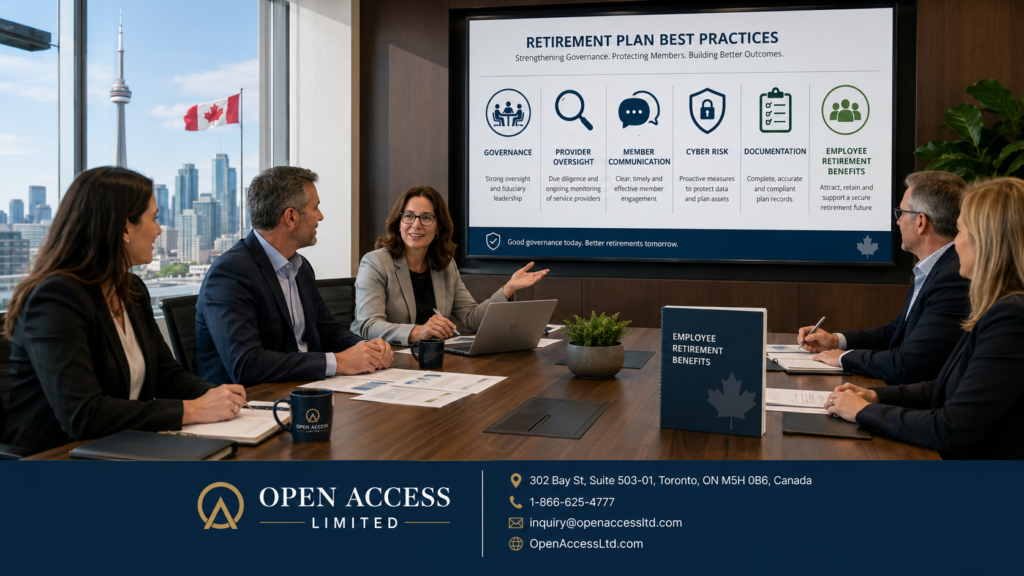 Canadian business owners reviewing retirement plan governance, provider oversight, member communication, cyber risk, documentation, and employee retirement benefits.