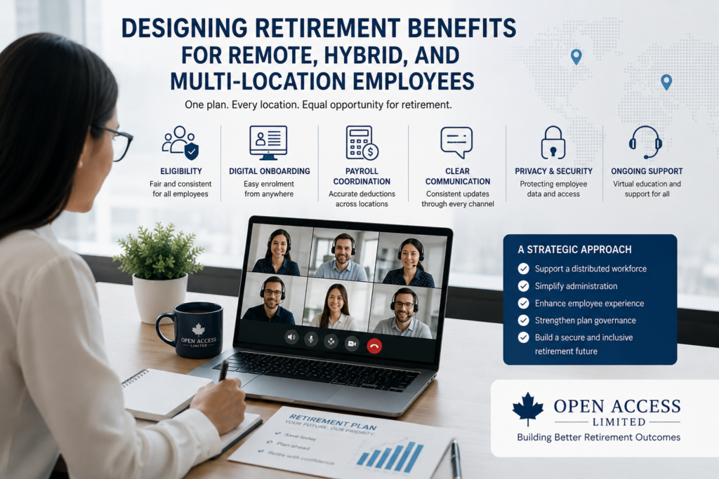 Canadian HR leaders coordinating remote workforce retirement benefits, digital onboarding, payroll processes, secure employee access, virtual education, and multi-location retirement plan support.
