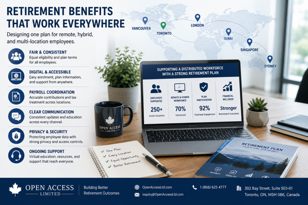 Retirement benefits for remote, hybrid, and multi-location employees with consistent eligibility, digital access, payroll coordination, privacy protection, communication, and ongoing support.