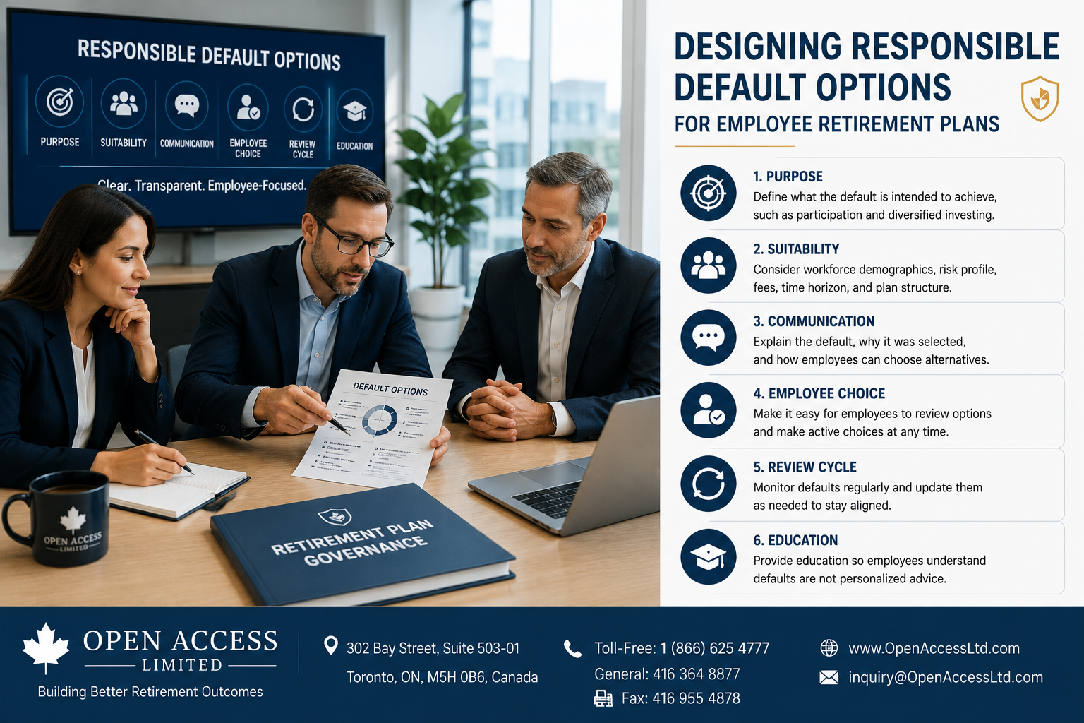 Canadian retirement professionals reviewing responsible retirement plan default options, diversified investments, employee choice, communication, education, fees, and plan governance.