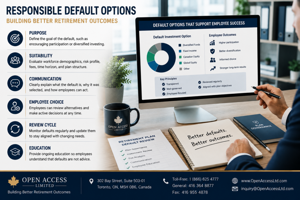 Canadian retirement professionals reviewing responsible retirement plan default options, diversified investments, employee choice, communication, education, fees, and plan governance.