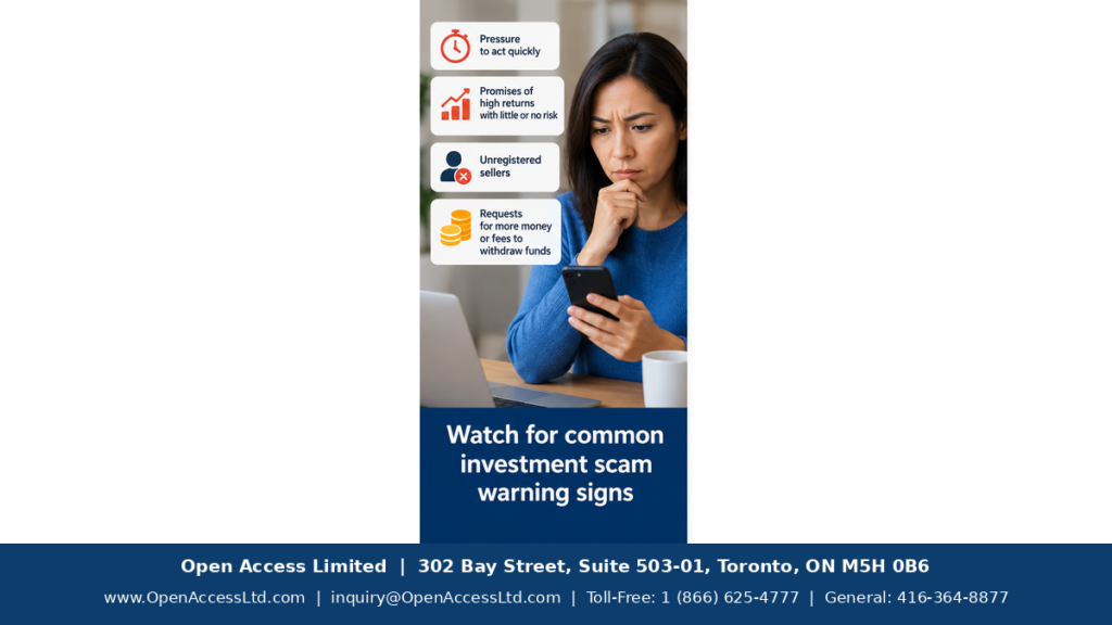 Retirement savings scams awareness for Canadian employees showing common fraud warning signs and official verification steps.