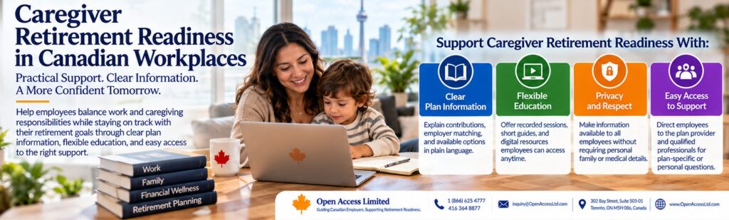Caregiver retirement readiness supported through flexible workplace retirement education, clear contribution information, privacy, and employee resources.