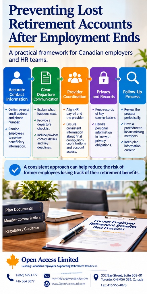 Former employee retirement benefits framework for preventing lost accounts through accurate contact information, provider coordination, privacy, records, and follow-up.