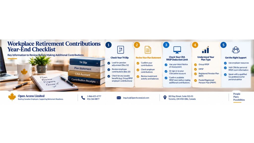 Workplace retirement contributions year-end checklist showing T4 slips, pension adjustments, RRSP deduction limits, plan statements, CRA information, and employee support.