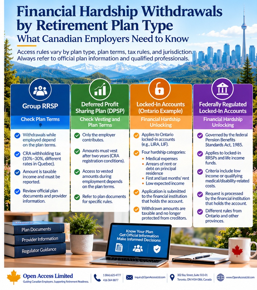 Financial hardship withdrawals employer framework showing respectful response, plan identification, privacy protection, official resources, general tax information, and financial wellness support.